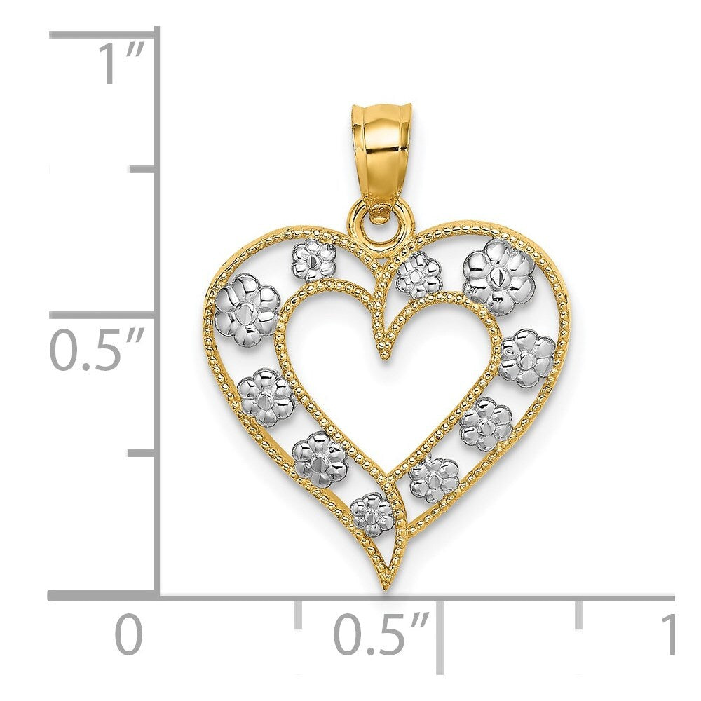 14k Yellow Gold Two-Tone Textured Cut-Out Heart  Flowers Charm Pendant
