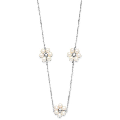Sterling Silver 4mm Semi-Round Pearl Flower Pendant Necklace 17" w/ 1.75" Ext