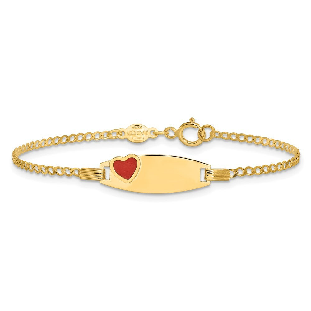 14k Yellow Gold  Red Enameled Heart on 18x5mm Plate 5.5" Baby/Child ID Bracelet