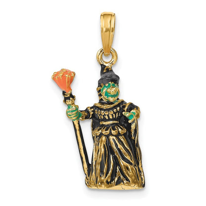 14k Yellow Gold 3-D Enameled Witch w Broom Charm