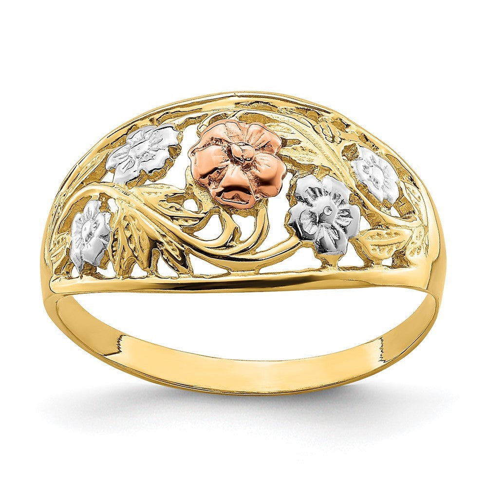 14k Tri- Color Gold White Rhodium Floral Dome Ring