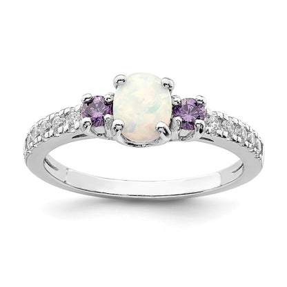 Sterling Silver Rhodium-plated Lab Created Opal/Cubic Zirconia Ring Size 6
