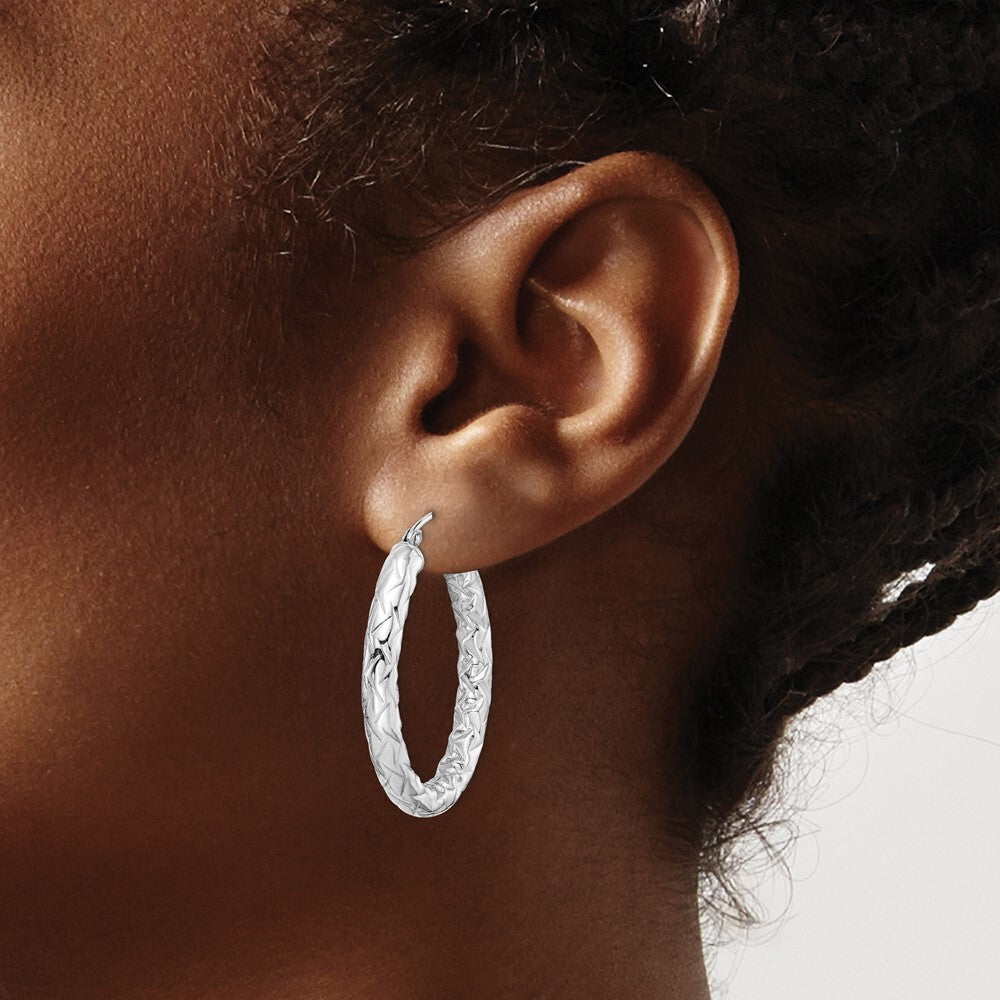 Sterling Silver RH-plated Diamond-cut Textured 4mm Oval Hoop Earrings