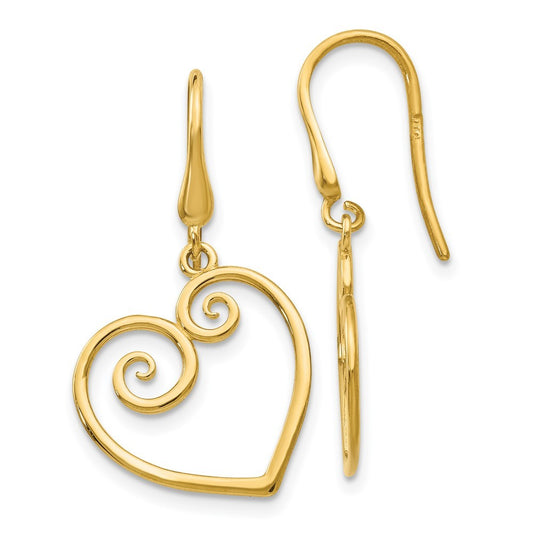 14k Yellow Gold Heart Drop Dangle Earrings w/ Shepherd Hook