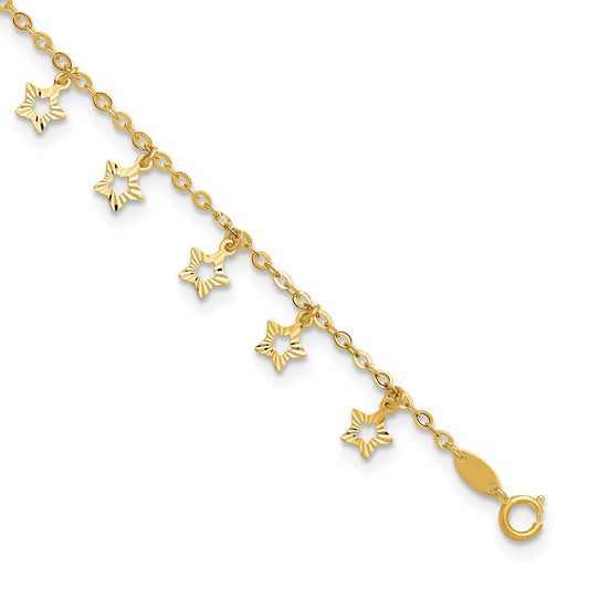 14k Yellow Gold  and Textured Dangle Stars Star Dangle Extender 10" Anklet