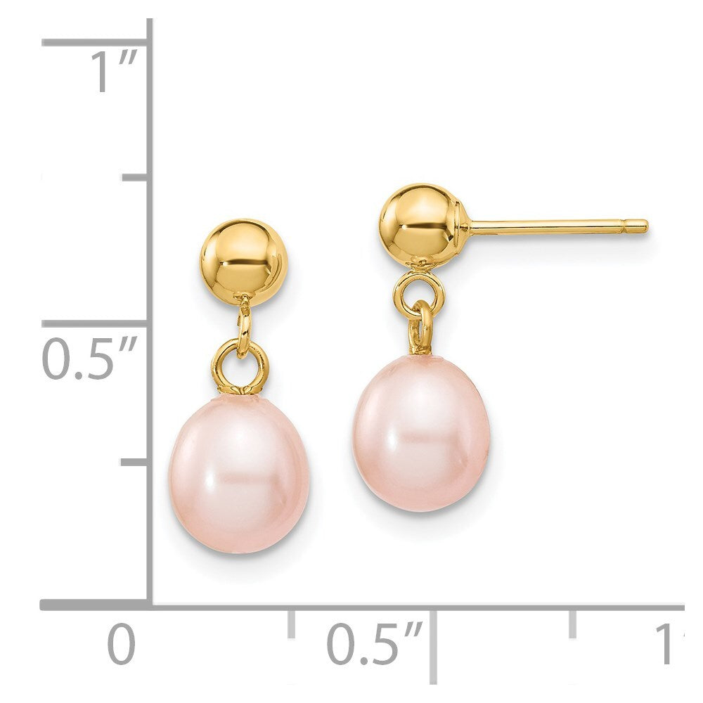 14k Yellow Gold 6-7mm Pink Rice Freshwater Cultured Pearl Dangle Earrings