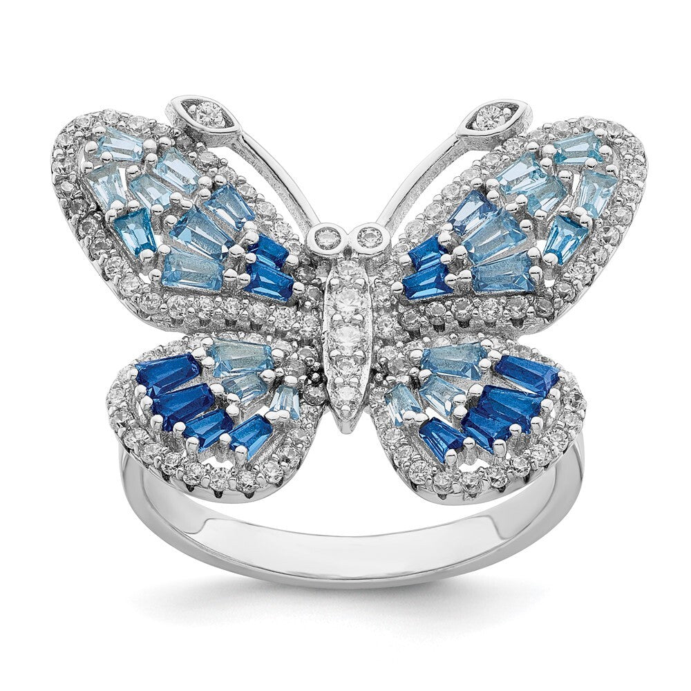 Sterling Silver Rhodium-plated Polished Blue & White CZ Butterfly Ring Size 6