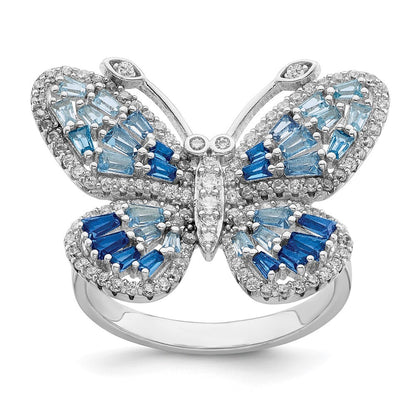 Sterling Silver Rhodium-plated Polished Blue & White CZ Butterfly Ring Size 6