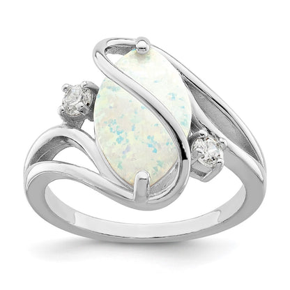 Sterling Silver Rhodium-plated White Created Opal & CZ Twist Ring Size 6