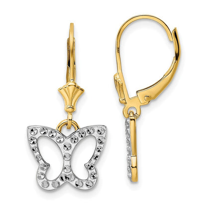 14k Yellow Gold & White Rhodium Diamond-Cut Butterfly Drop Dangle Earrings