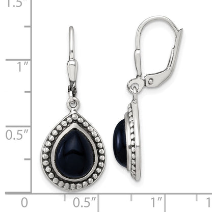 Sterling Silver Antiqued Onyx Teardrop Cabochon Leverback Dangle Earrings
