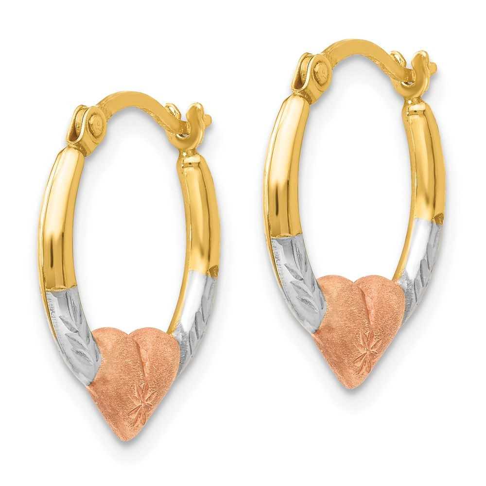 14k Yellow Gold w/Rose and White Rhodium Heart Hoop Earrings