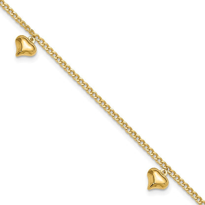 14k Yellow Gold Polished Curb Chain with 3 Puffed Heart Dangles 10" Anklet