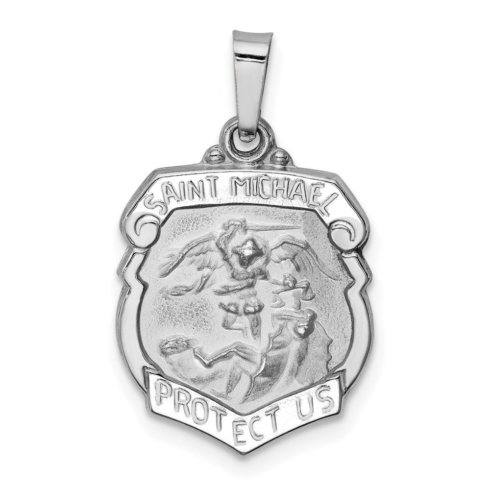 14k White Gold Polished and Satin St Michael Medal Hollow Pendant for Women