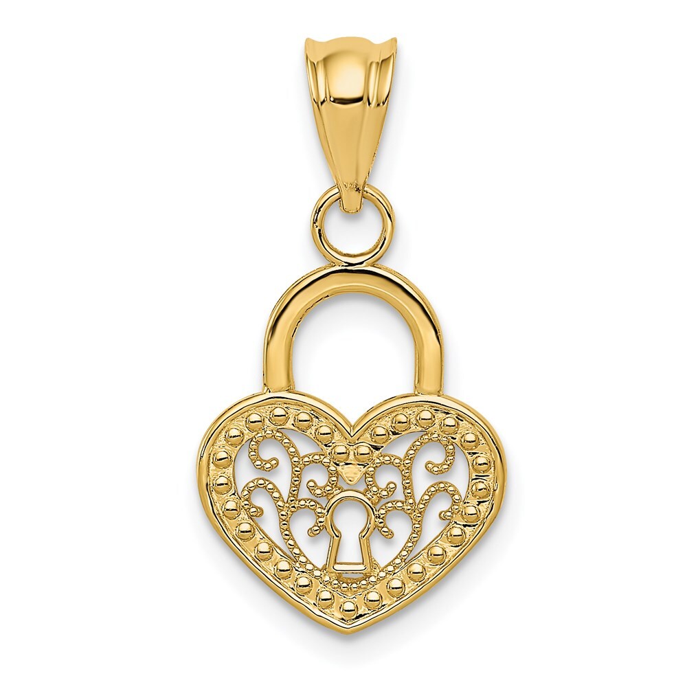 14k Yellow Gold Polished Filigree Heart Lock Charm Pendant for Women