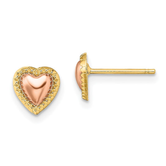 14k Two-tone Gold Beaded Heart Stud Earrings