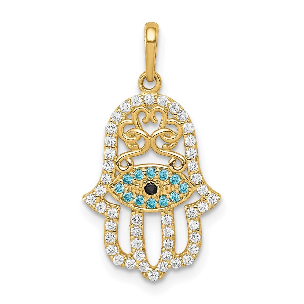14k Yellow Gold Multi-colored CZ Hamsa Pendant