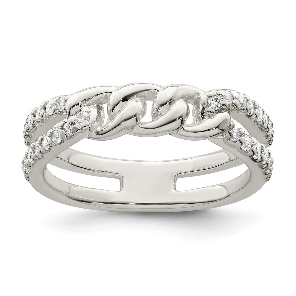 Sterling Silver Polished CZ Chain Detail Ring Size 6