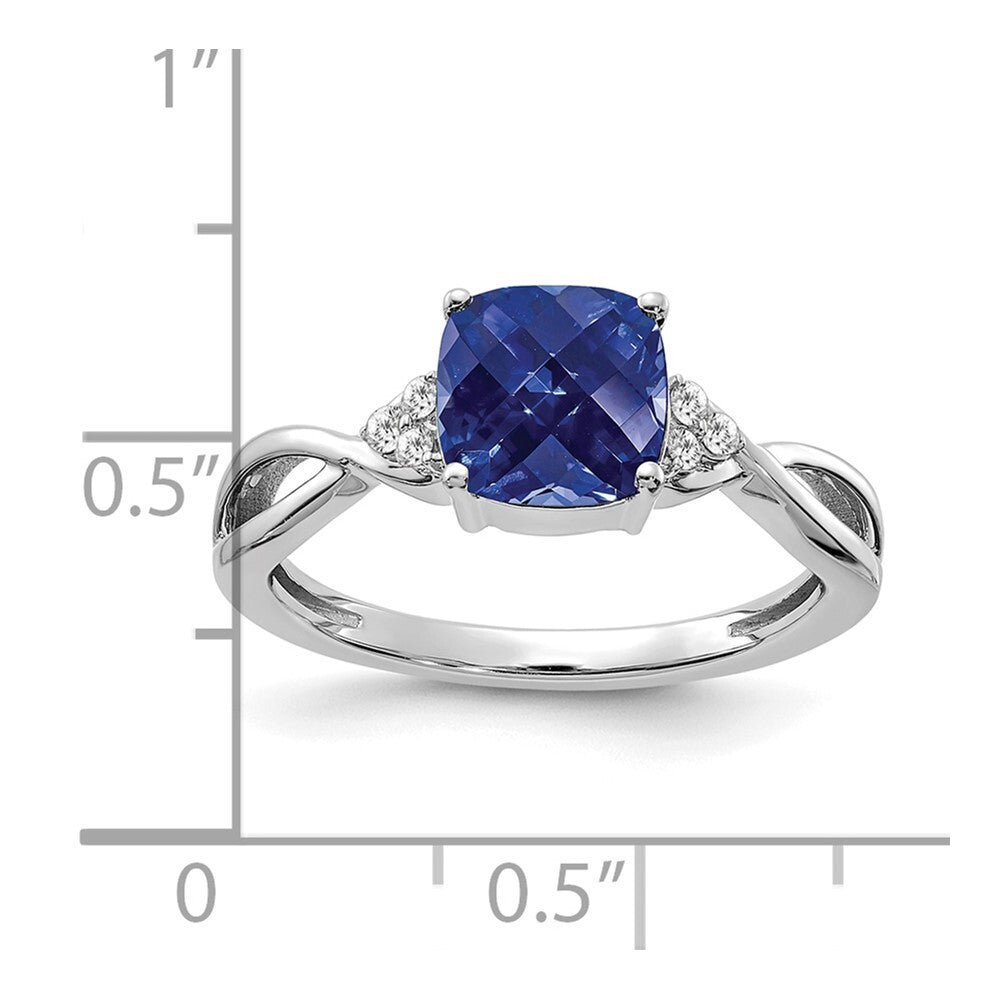14K White Gold Checkerboard Created Sapphire and Diamond Ring Size 7