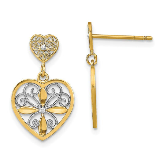 14k Yellow Gold RH Flower and Heart Beaded Filigree Dangle Earrings