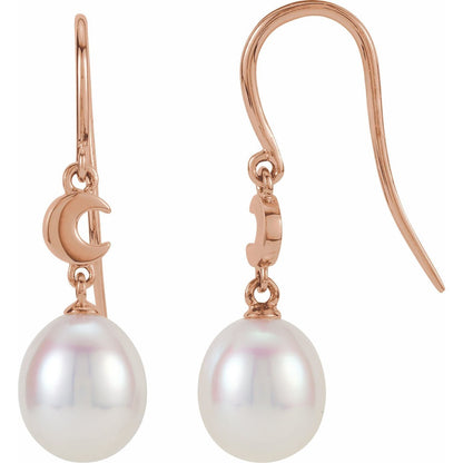 14k Rose Gold Cultured White Freshwater Pearl Crescent Moon Stud Earrings