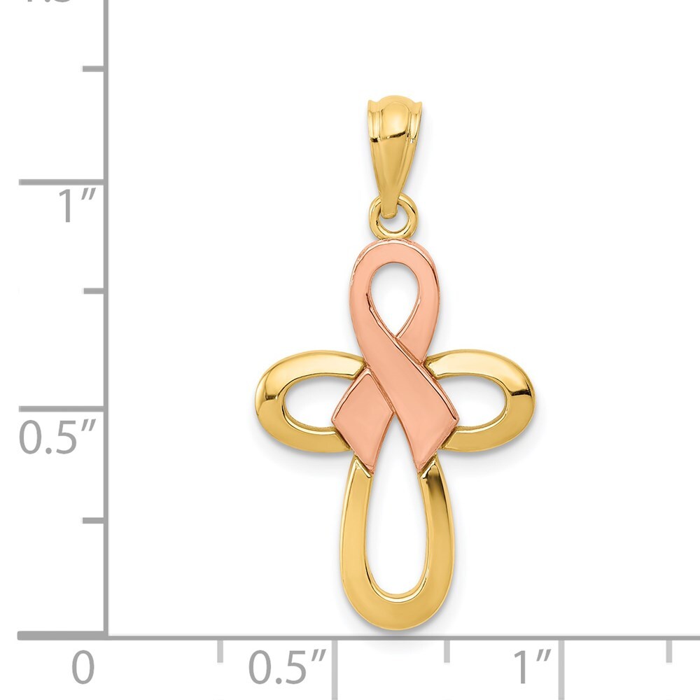 14k Two-tone Gold Polished Pink Ribbon Cross Pendant for Women