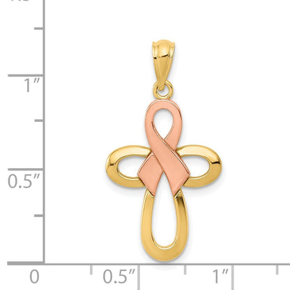 14k Two-tone Gold Polished Pink Ribbon Cross Pendant for Women