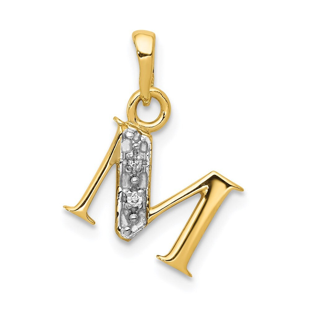 14k Yellow Gold with Rhodium Diamond Letter M Initial Pendant for Women