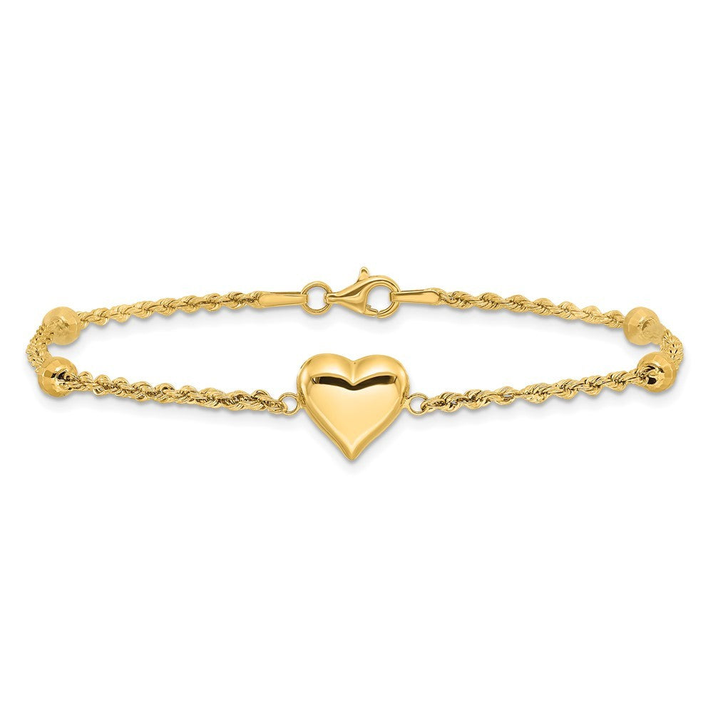 14k Yellow Gold Polished and Diamond-cut Beaded Puffed Heart 7.75 inch Bracelet