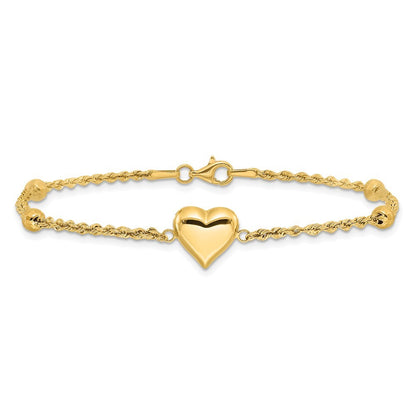14k Yellow Gold Polished and Diamond-cut Beaded Puffed Heart 7.75 inch Bracelet