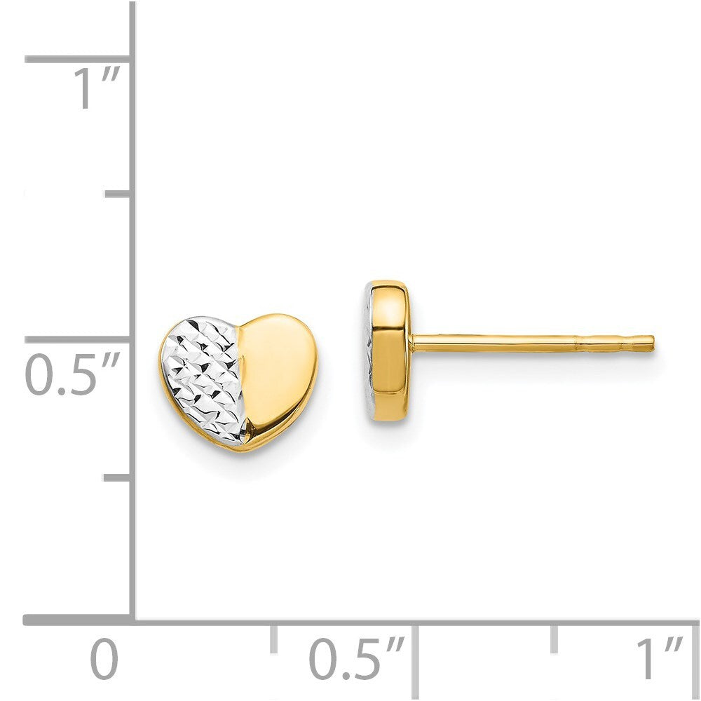 14k Yellow Gold & Rhodium Diamond-Cut Heart Stud Earrings Gift for Women