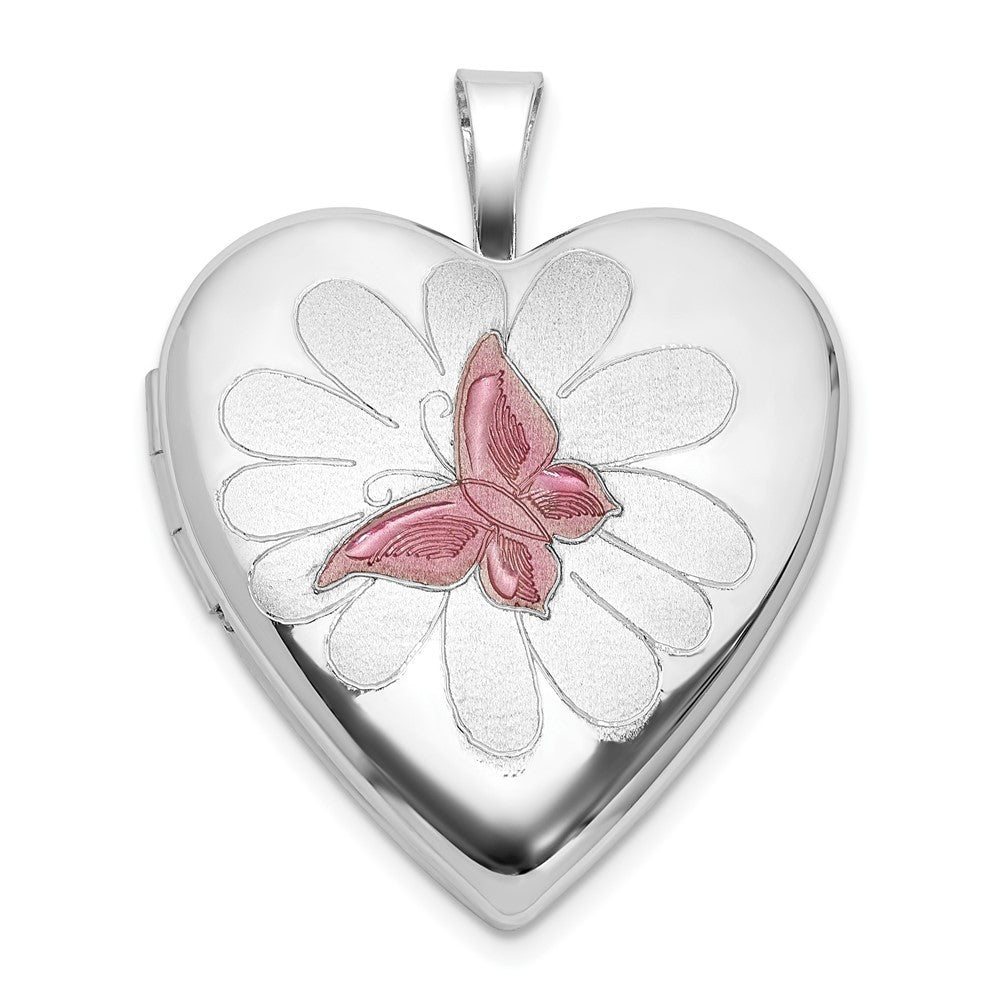 Sterling Silver RH-plate Polished Satin Epoxy 20mm Butterfly Heart Locket