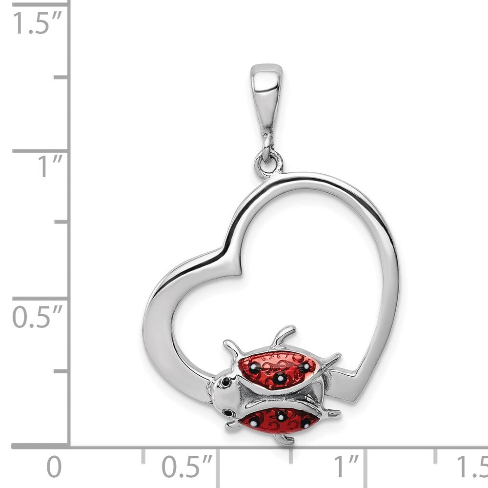 Sterling Silver Rhodium-plated Heart with Enameled Ladybug Pendant