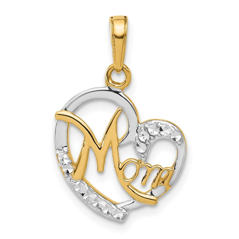 14k Yellow Gold and White Rhodium Diamond-Cut Heart Mom Pendant for Women