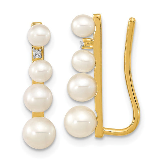14k Yellow Gold 3-5mm FW Cultured Pearl .016ct Diamond Ear Climber Stud Earrings