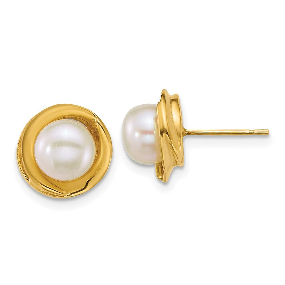 14k Yellow Gold Polished 7mm Button Freshwater Cultured Pearl Stud Earrings
