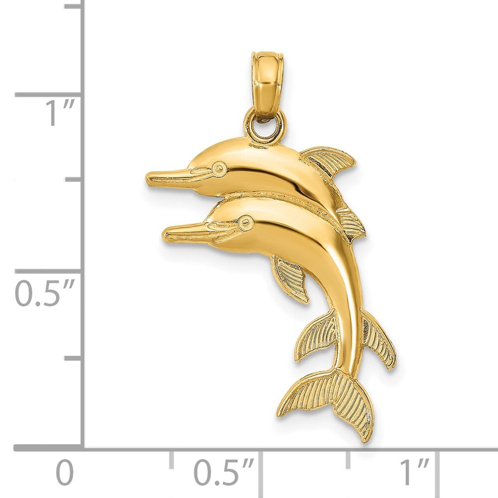14k Yellow Gold 2-D Two Jumping Dolphins Charm Pendant for Women