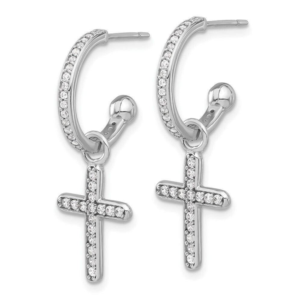 Sterling Silver Polished Cubic Zirconia Dangle Cross Post C-Hoop Earrings