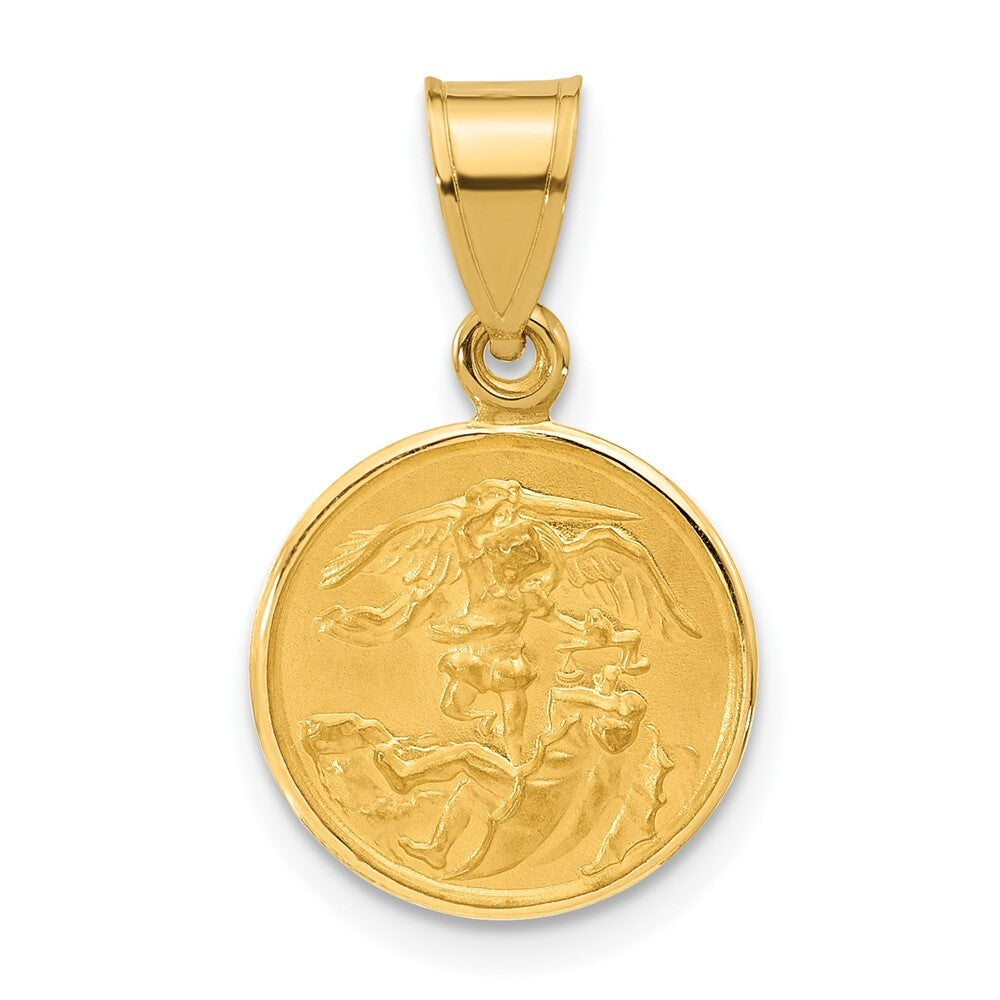 14k Yellow Gold Polished and Satin Solid St. Michael Medal Pendant for Women