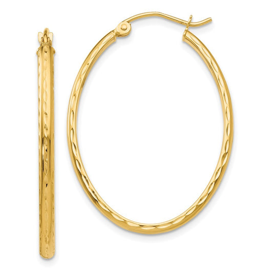 14k Yellow Gold Lightweight Diamond-cut Oval Hoop Earrings