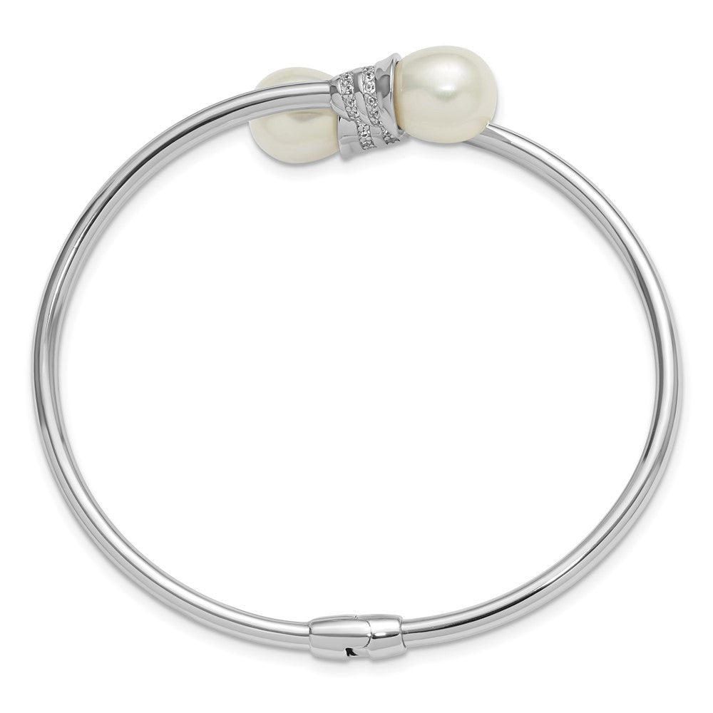 Sterling Silver Rhodium-plated 8-10mm Teardrop Cultured Pearl & CZ Hinged Bangle
