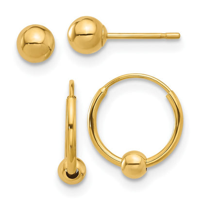 14k Yellow Gold Polished Ball and Hoop Earring Set Gift for Women
