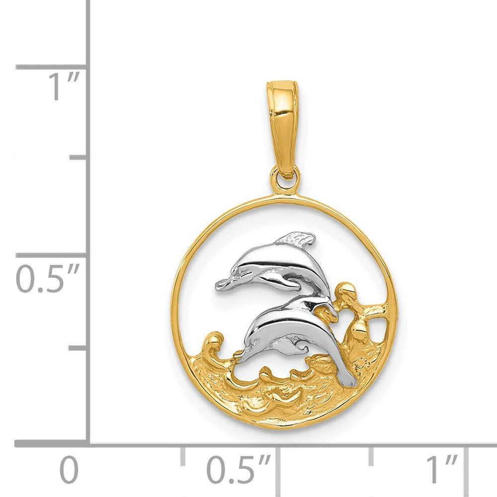 14k Yellow Gold and Rhodium Double Dolphins In Circle Pendant for Women