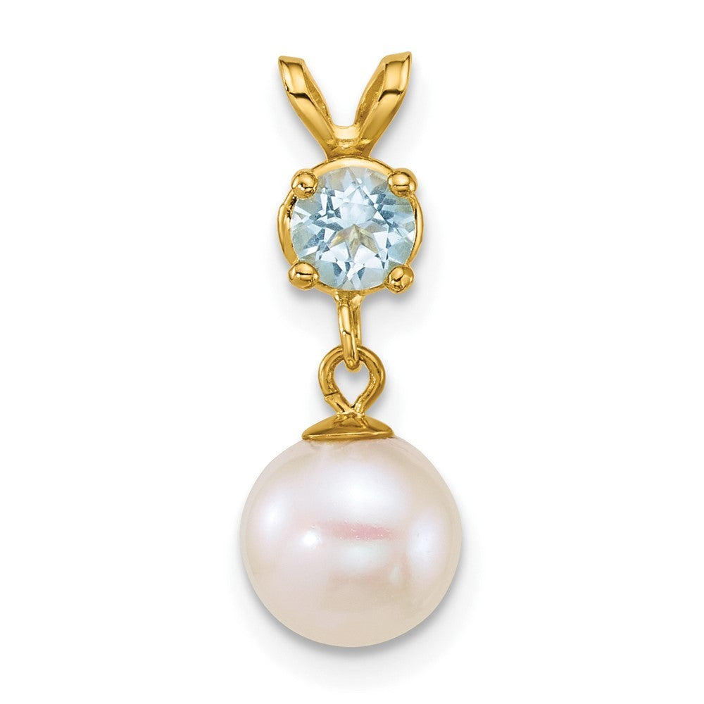 14k Yellow Gold 7-8mm Round White Cultured Pearl Dangle and Blue Topaz Pendant
