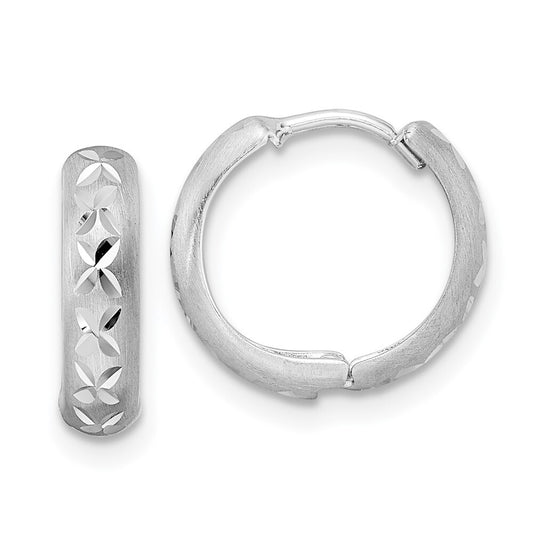 14k White Gold Diamond-cut X Satin 3x13mm Hinged Hoop Earrings Gift for Women