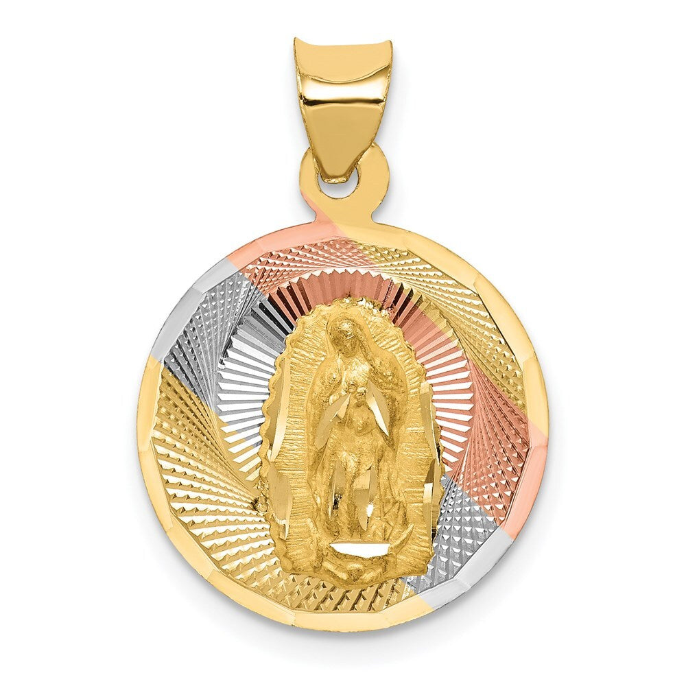 14k Yellow Gold Rhodium Polished Diamond-Cut Lady Of Guadalupe Circle Pendant
