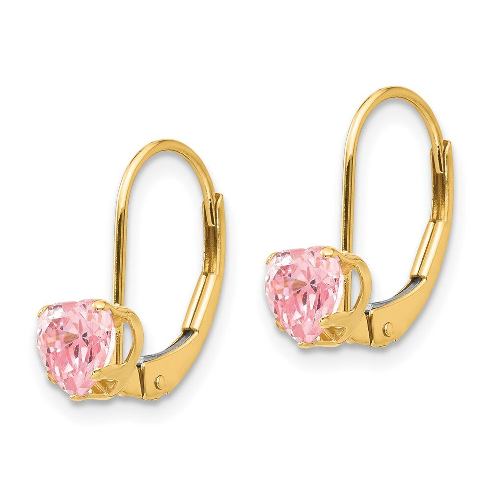 14k Yellow Gold Pink Cubic Zirconia Heart Leverback Earrings Gift for Women