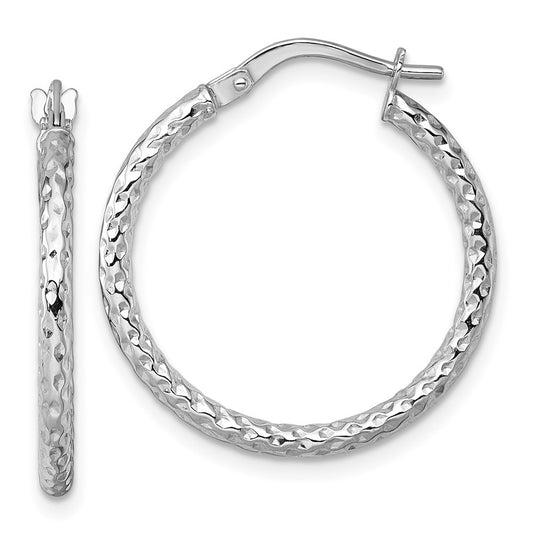 14k White Gold Polished Diamond-cut Textured 2 x 23mm Tube Hoop Earrings