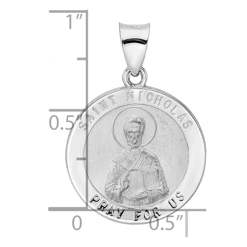 14k White Gold Polished and Satin Hollow St Nicholas Medal Pendant for Women