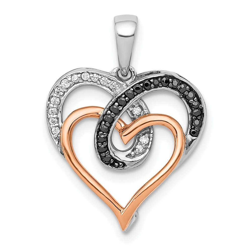 14k Two-tone Gold White and White and Black Diamond Hearts Pendant for Women
